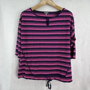 T By Talbots Womens Size X Pink Navy Blue Striped 3/4 Sleeve Tie Hem Top Comfort